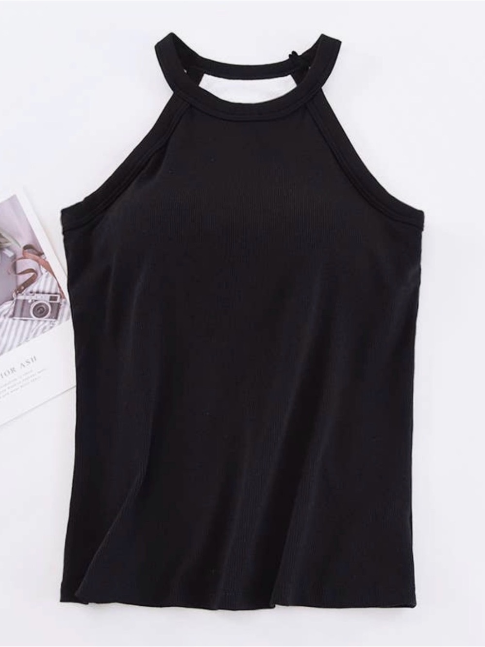Sleek Black Ribbed Halter Tank Top - Women